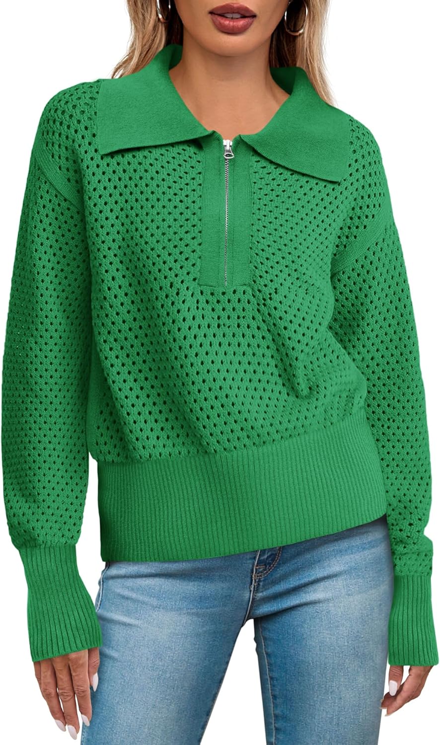 Women's Half Zip Pullover Sweater with Crochet Lapel Collar