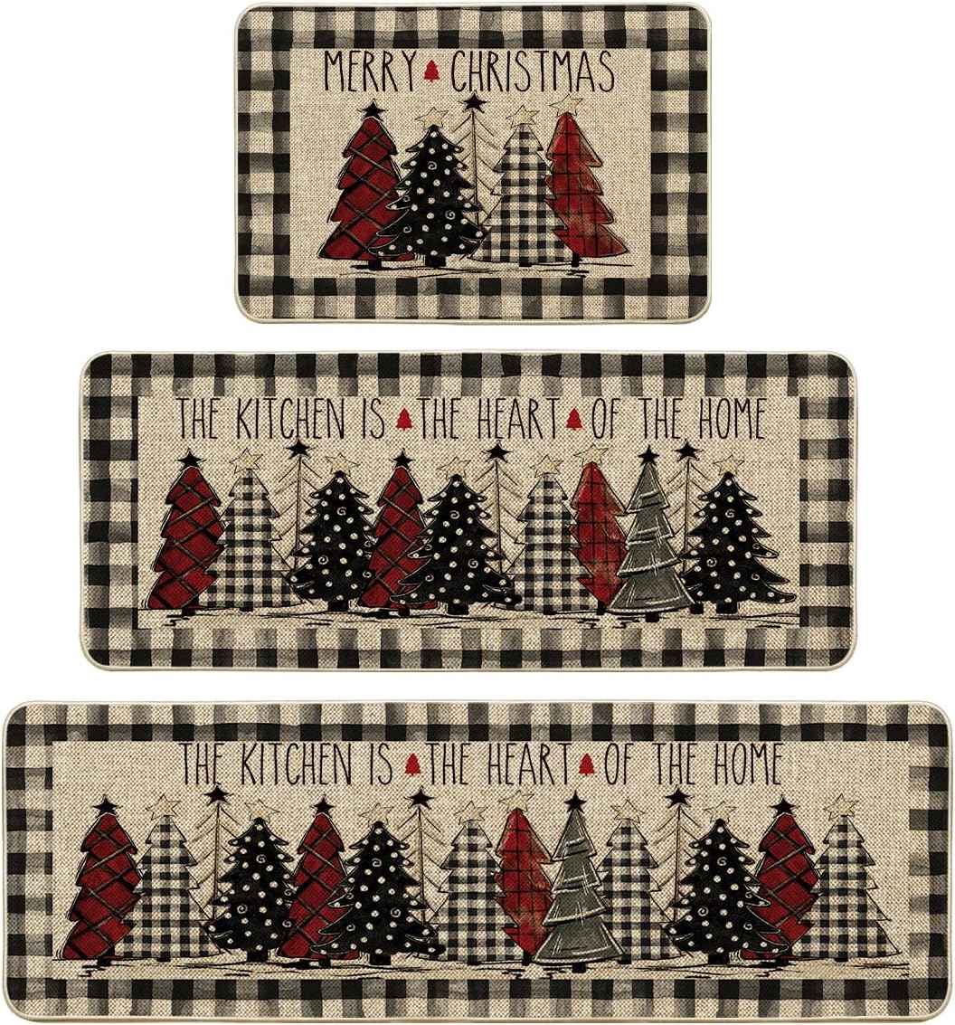 Buffalo Plaid Xmas Tree Kitchen Mats Set of 2 for Home Decor