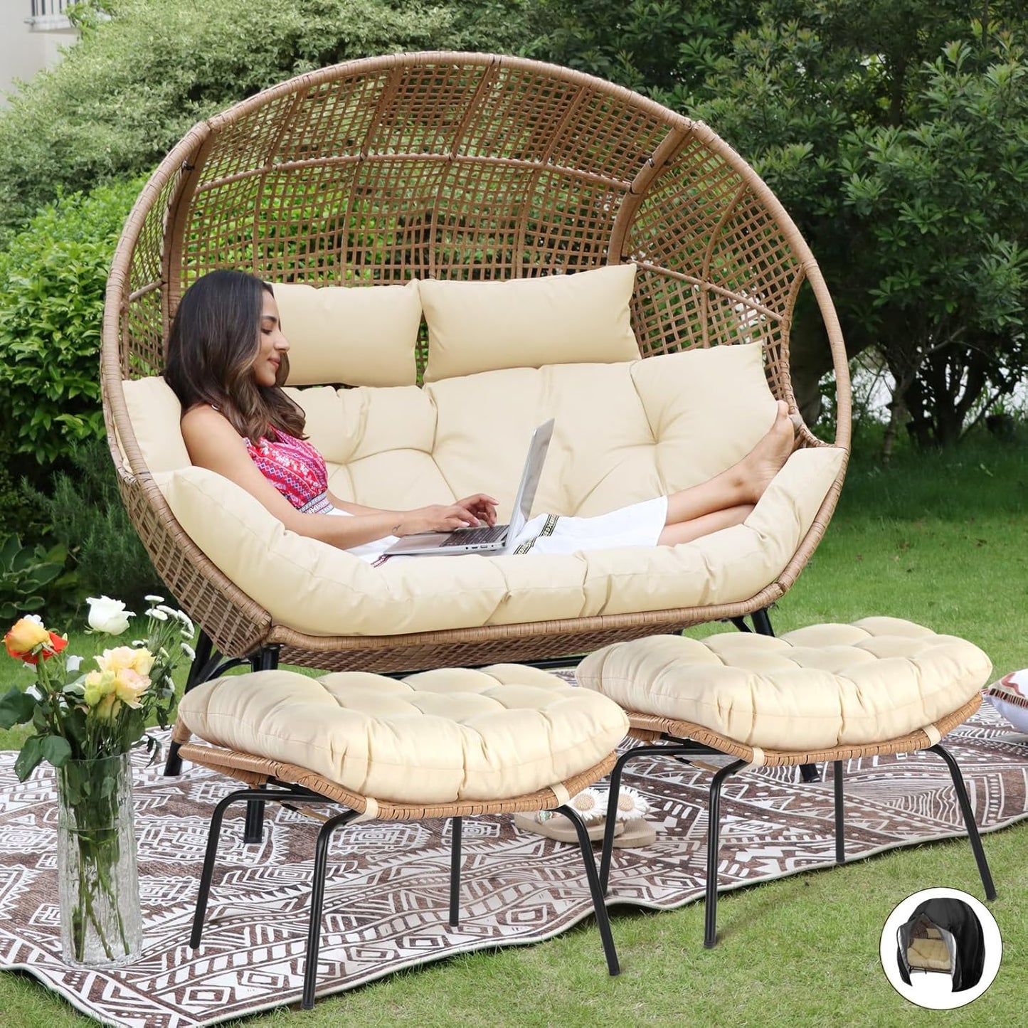 NICESOUL Double Egg Chair with Ottoman for Indoor Outdoor Use