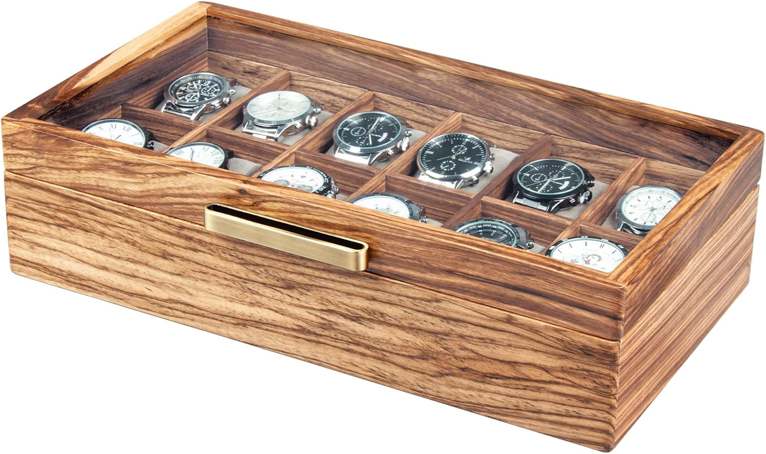 12-Slot Zebra Wood Watch Case: Display & Organize Stylishly