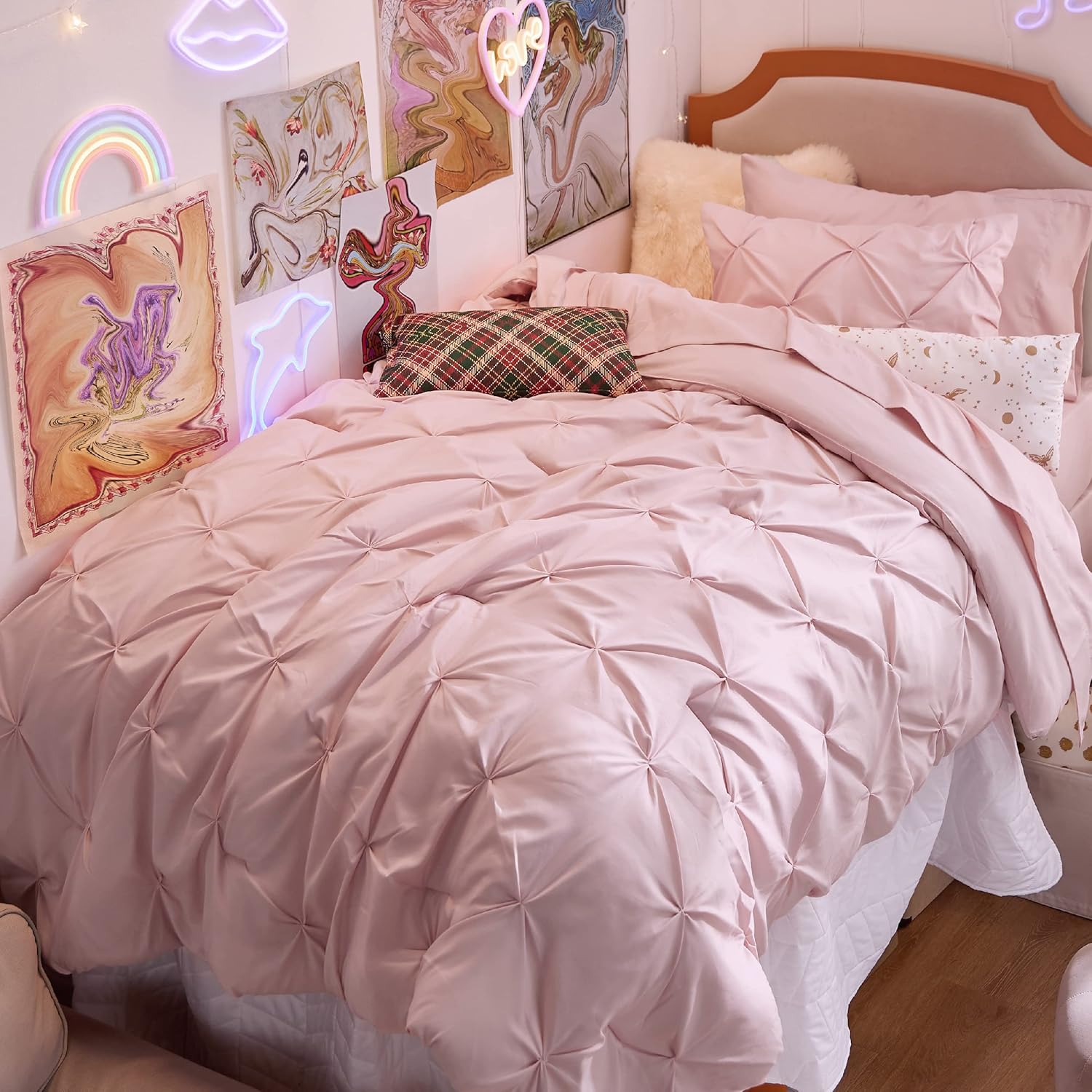 Bedsure Twin Comforter Set Pink - Soft Pintuck Bed in a Bag