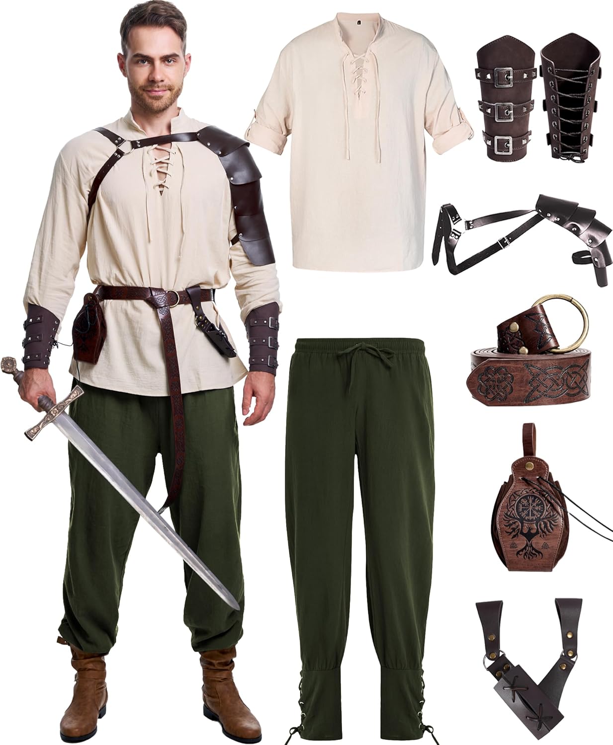 8 Pcs Men's Renaissance Costume Set for Halloween and Events