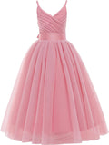 Dusty Rose Flower Girls Spaghetti Strap Tulle Dress - Long A Line