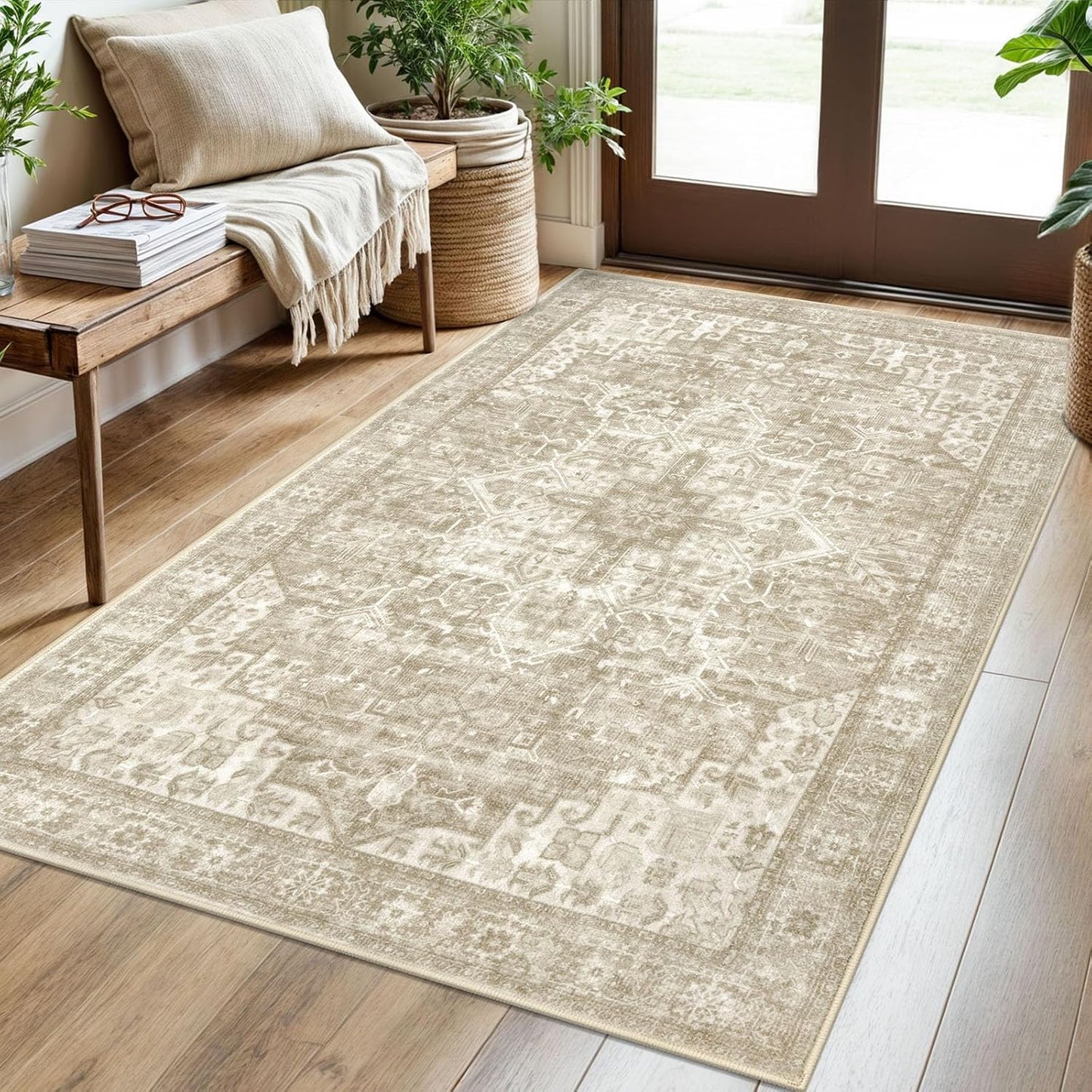 3x5 Light Beige Grey Brown Washable Rug for Cozy Living Spaces