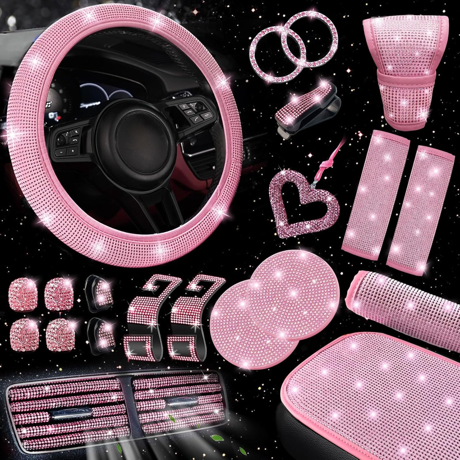 Bling Car Accessories Set for Women - 30 Pcs Pink Glamour