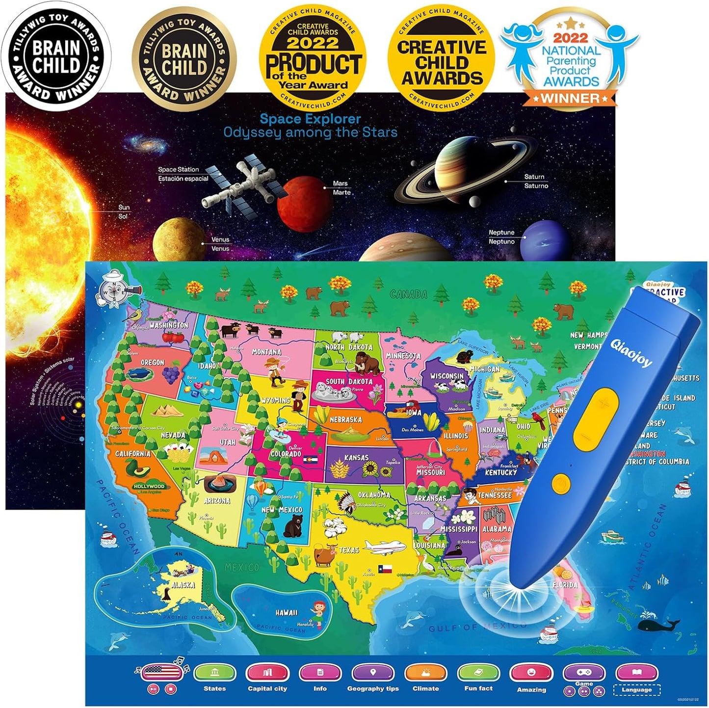 Bilingual Interactive Talking USA Map Solar System Poster for Kids