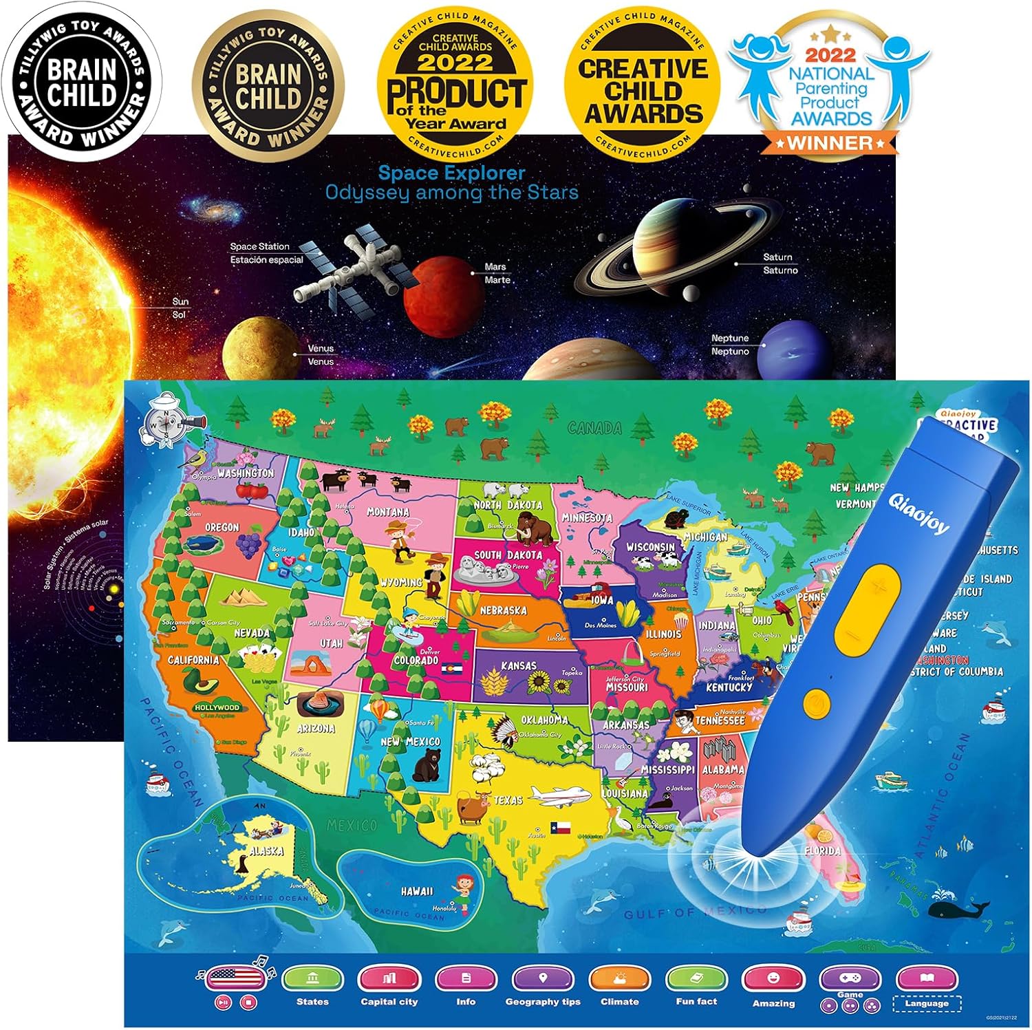 Bilingual Interactive Talking USA Map Solar System Poster for Kids