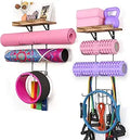 Yoga Mat Holder Wall Mount with Shelves and Hooks - Space Saving Rack