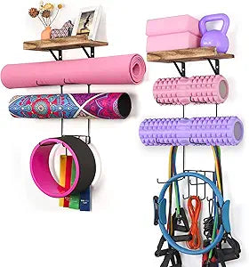 Yoga Mat Holder Wall Mount with Floating Shelves and Hooks