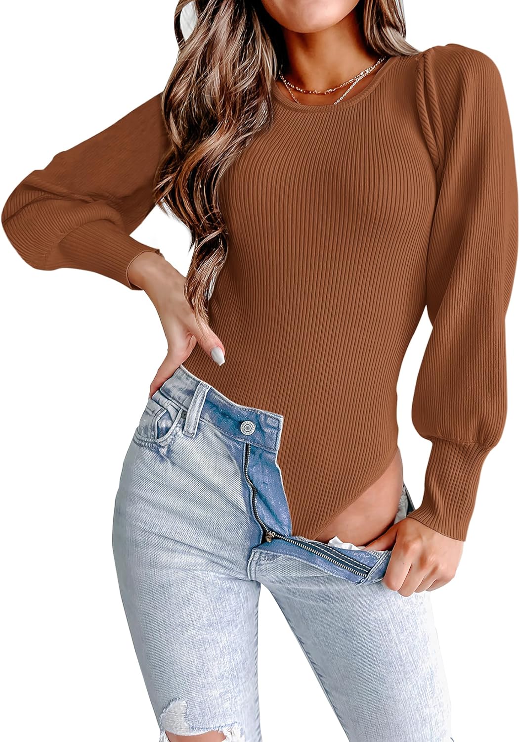 Long Puff Sleeve Sweater Bodysuit for Women by MASCOMODA