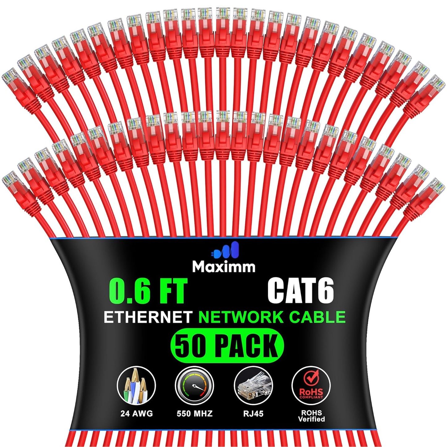 Maximm Cat 6 Ethernet Cable - High-Speed 0.6 ft Red