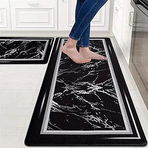 ASPMIZ Non Slip Black Marble Kitchen Mats Cushioned Anti Fatigue