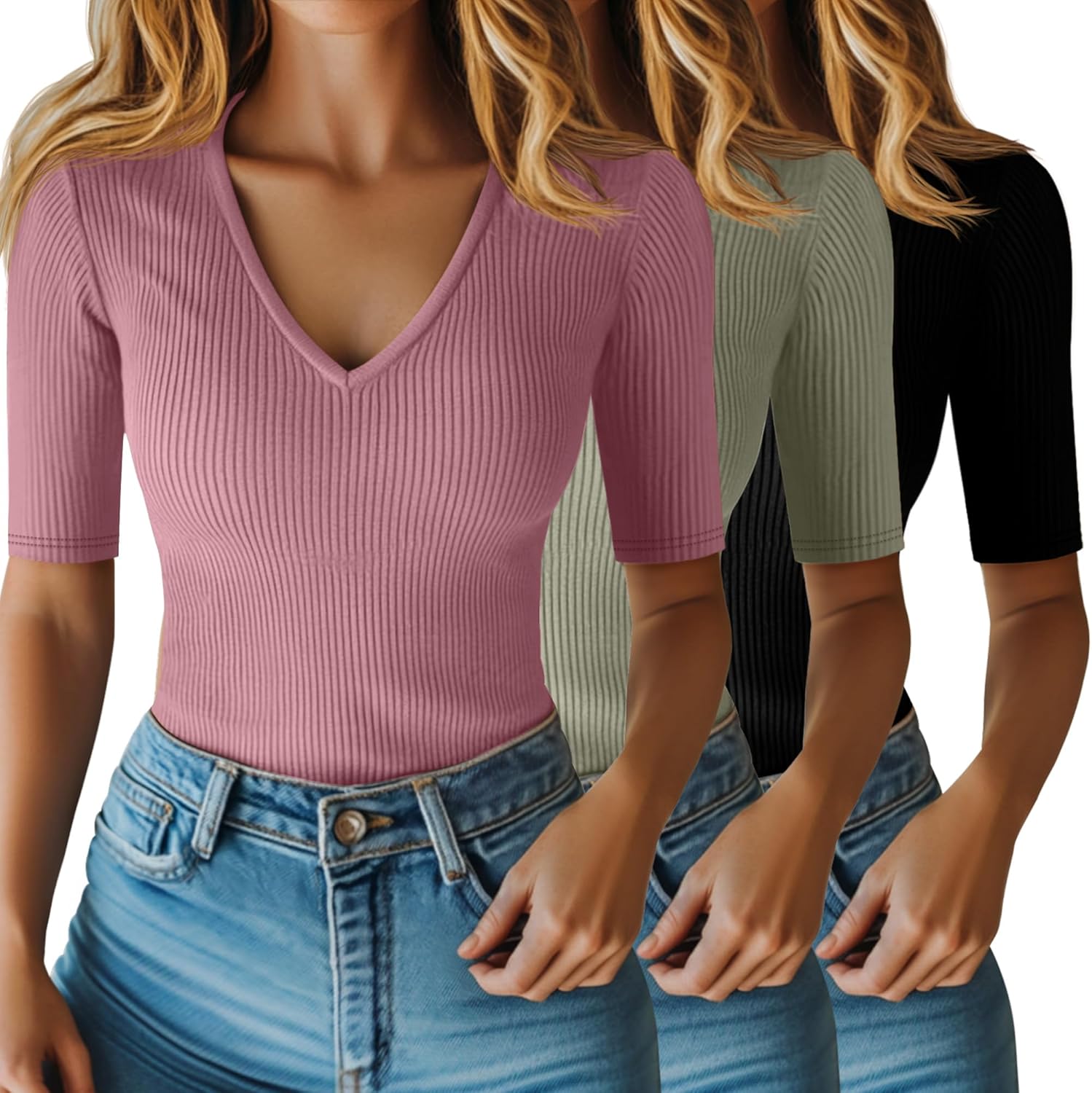 Riyiper Women's Half Sleeve Top V Neck Slim Fit Casual Blouse