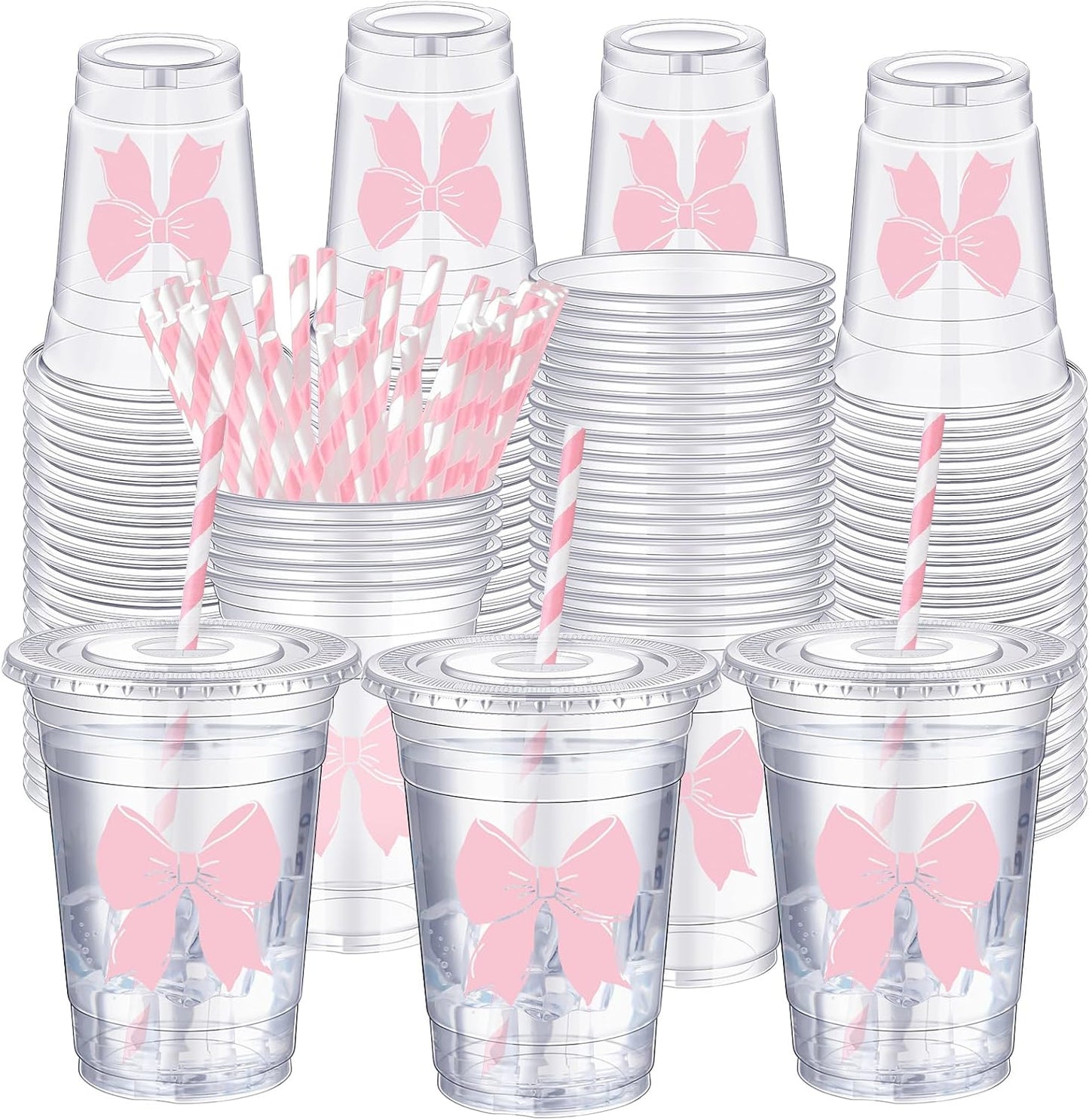 Sliner 50 Pcs 16 oz Pink Bow Disposable Cups for Parties