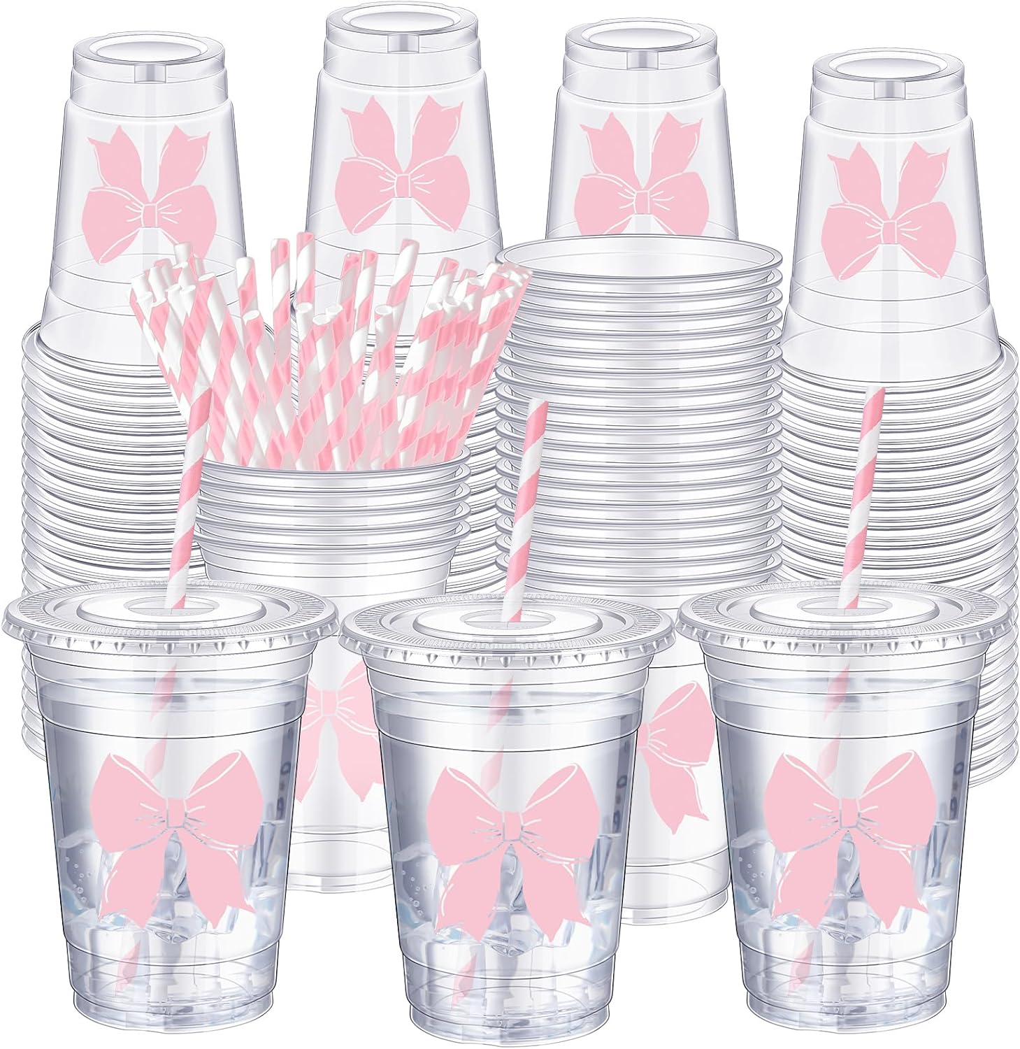 Sliner 50 Pcs 16 oz Pink Bow Disposable Cups for Parties
