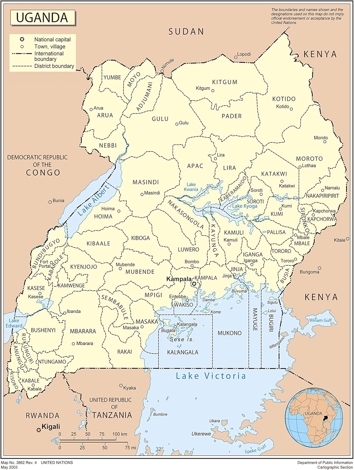 Large Uganda Political Map with Cities - Laminated 24x31