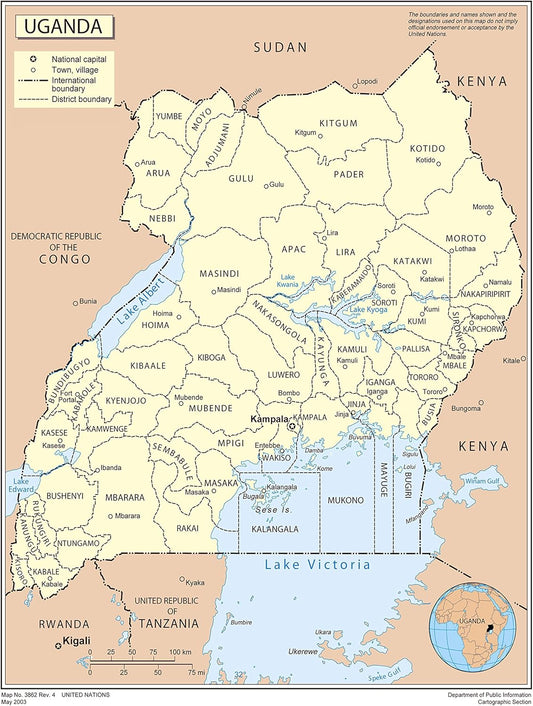 Large Uganda Political Map with Cities - Laminated 24x31