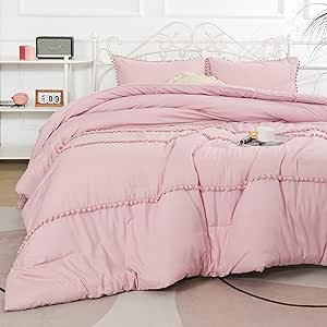 YIRDDEO Dust Pink Queen Comforter Set with Pom Fringe Design