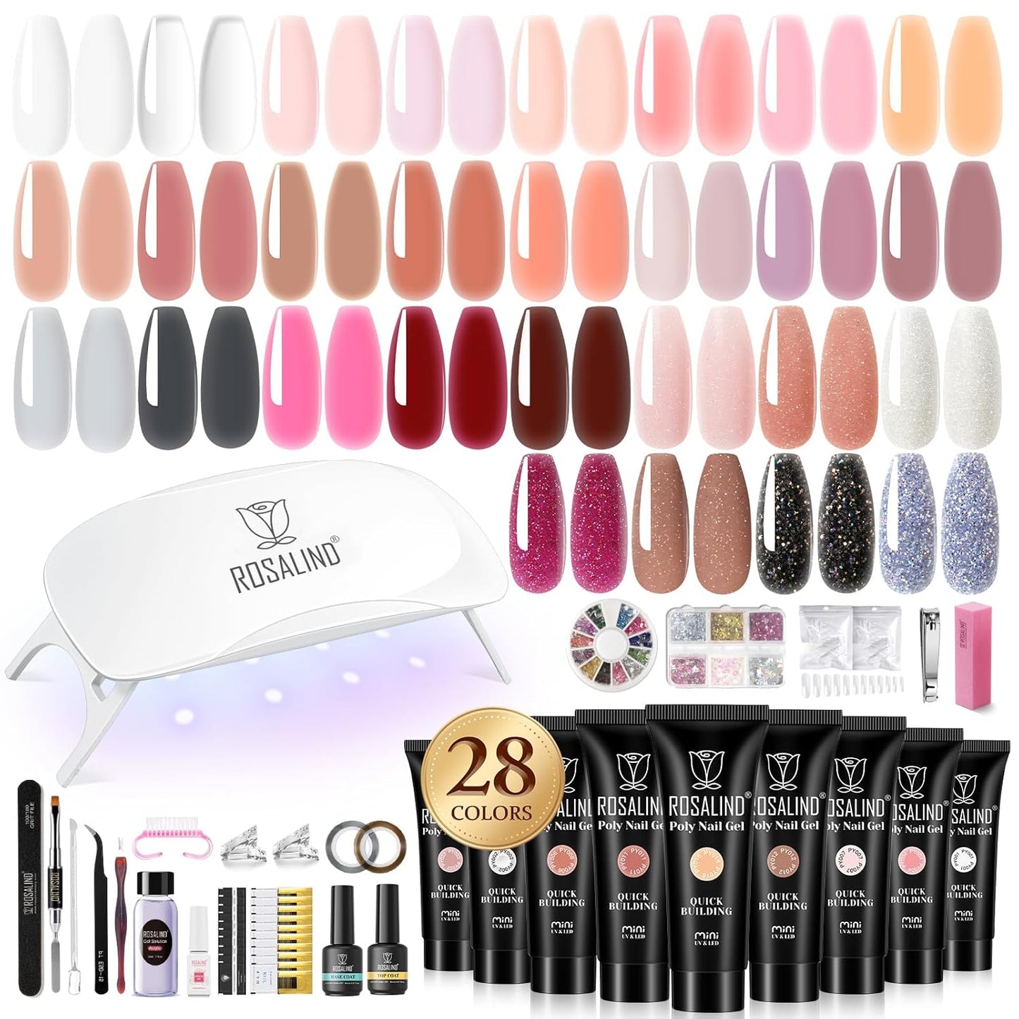 ROSALIND Poly Nail Gel Kit with 28 Colors and Mini Lamp
