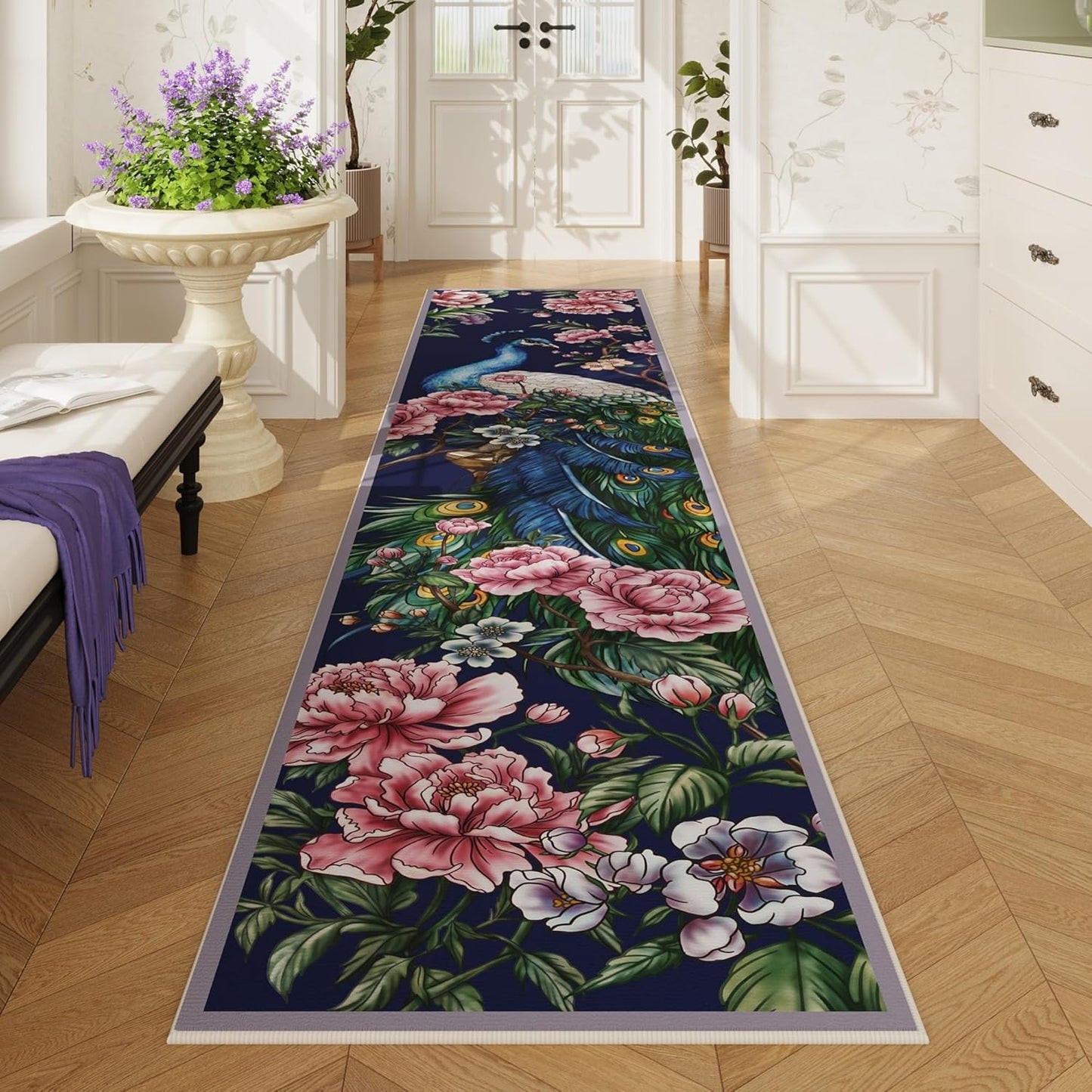 Vibrant Peacock Design Kitchen Runner Rug 2ftx10ft Soft Washable