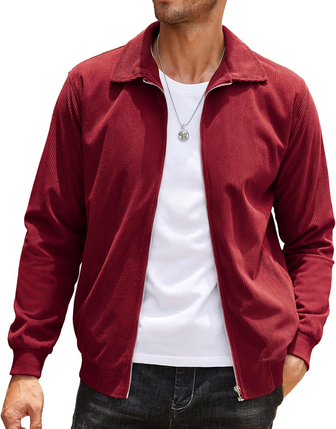Men's Casual Corduroy Jacket Lightweight Zip Up Vintage Style