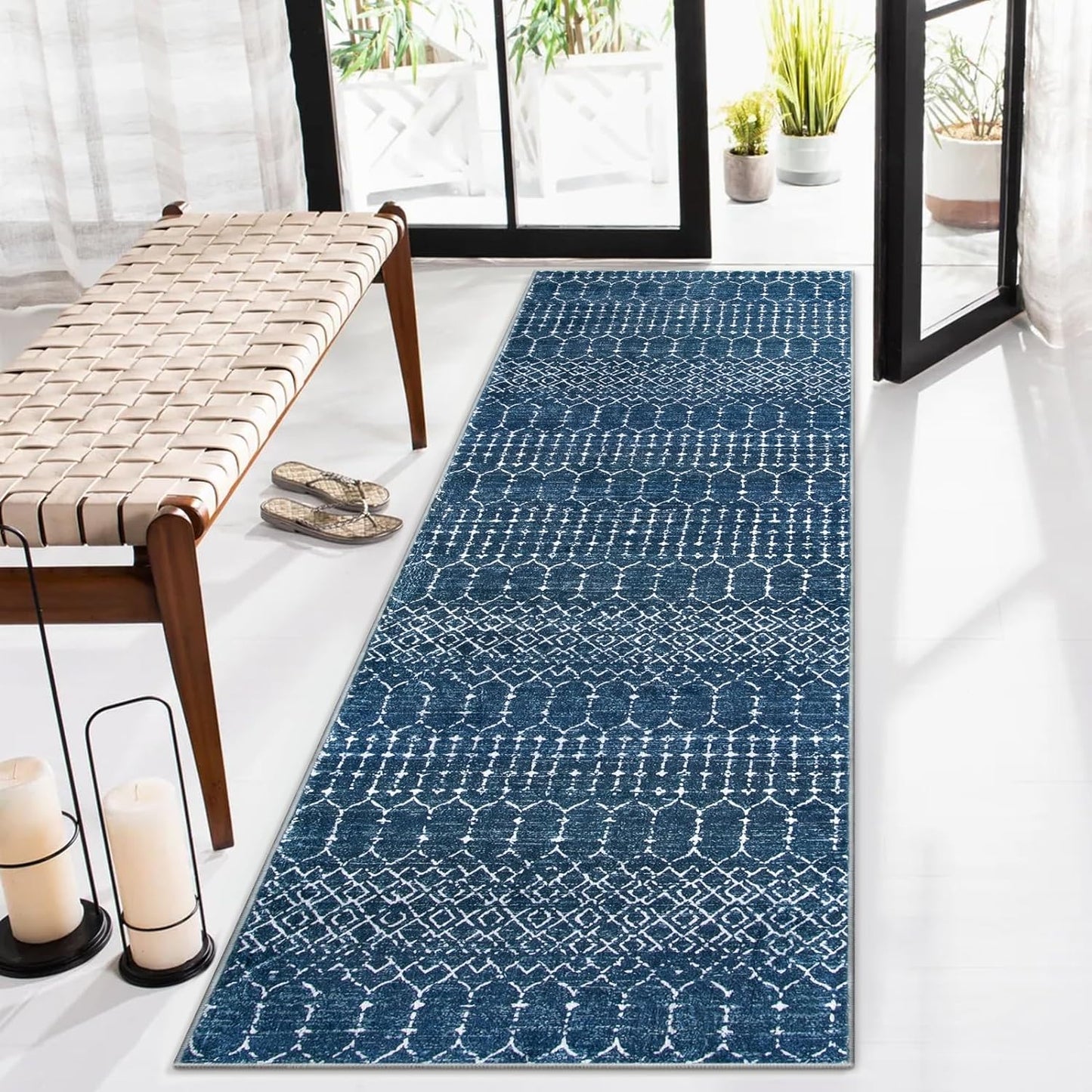 Lahome Moroccan 2x5 Washable Blue Runner Rug for Home Use
