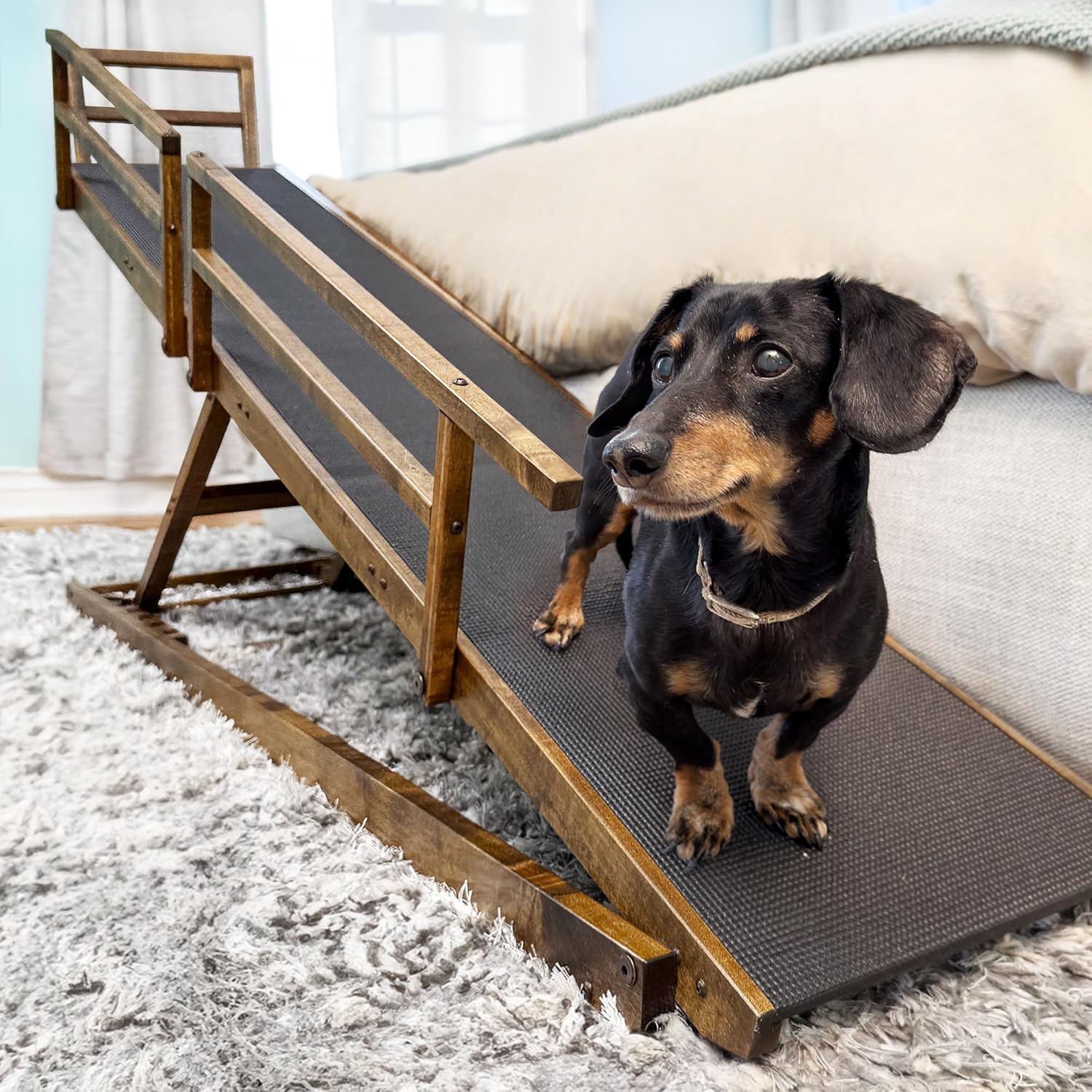 Bed Ramp for Small Dogs - Adjustable Solid Hardwood Design