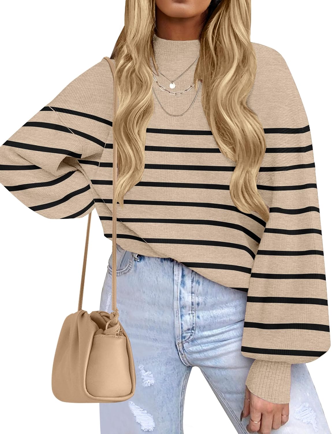 Stylish Turtleneck Long Sleeve Striped Pullover Sweater Tops