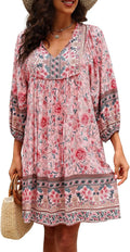 Qearal Womens Casual V Neck 3/4 Sleeve Boho Floral Mini (Style NYN6)