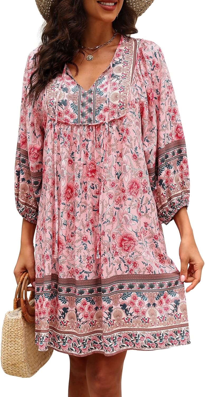 Qearal Womens Casual V Neck Boho Floral Mini Summer Dress