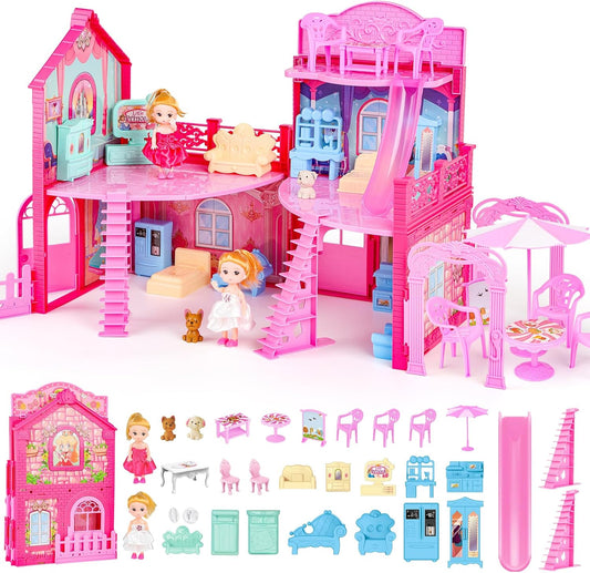 Foldable Dollhouse Set with Furniture & Figures - Portable Pretend Play Toy