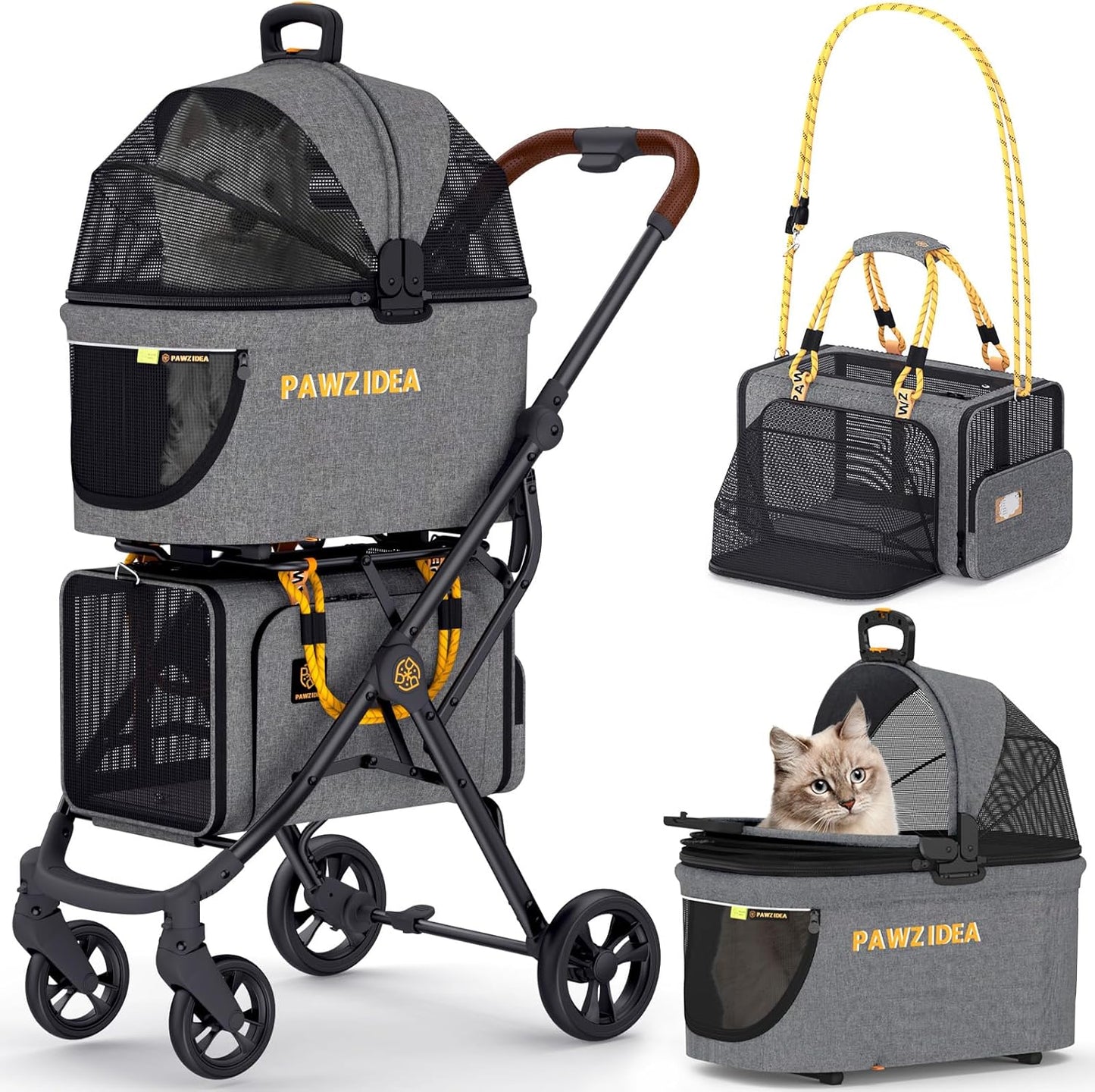 PAWZIDEA Double Pet Stroller with Detachable Carriers for Travel