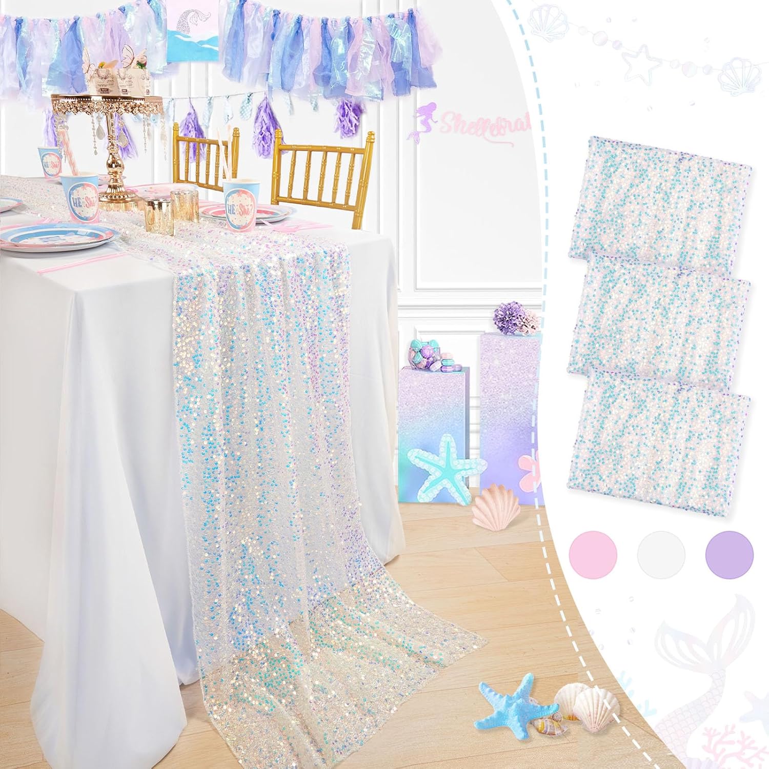 Iridescent Sequin Table Runner for Little Mermaid Party Decor