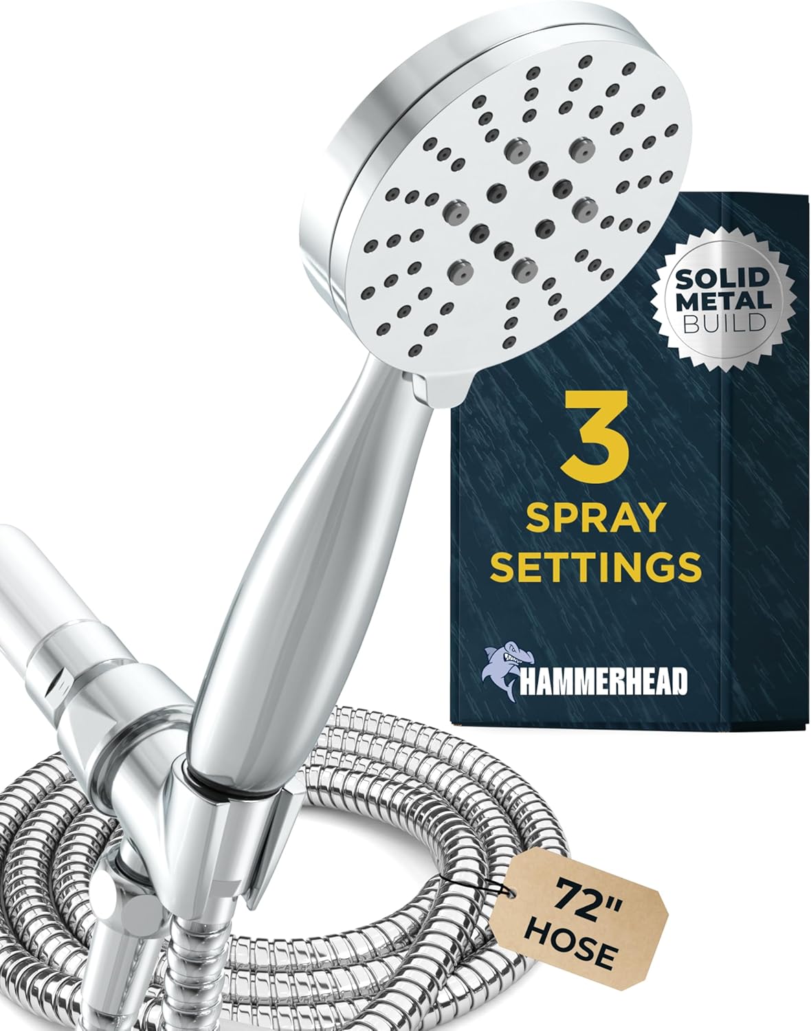 Solid Metal 3-Spray Handheld Shower Head with Long Hose