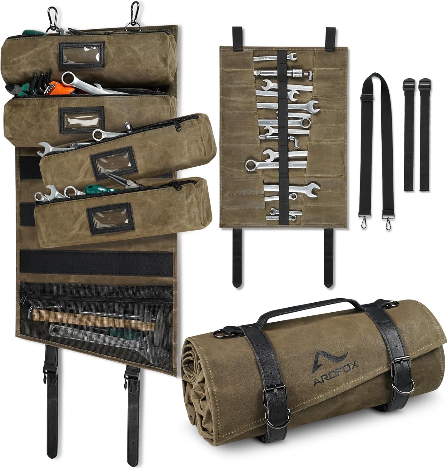 ARCFOX Vintage Oil Waxed Canvas Tool Roll Bag with 25 Pockets