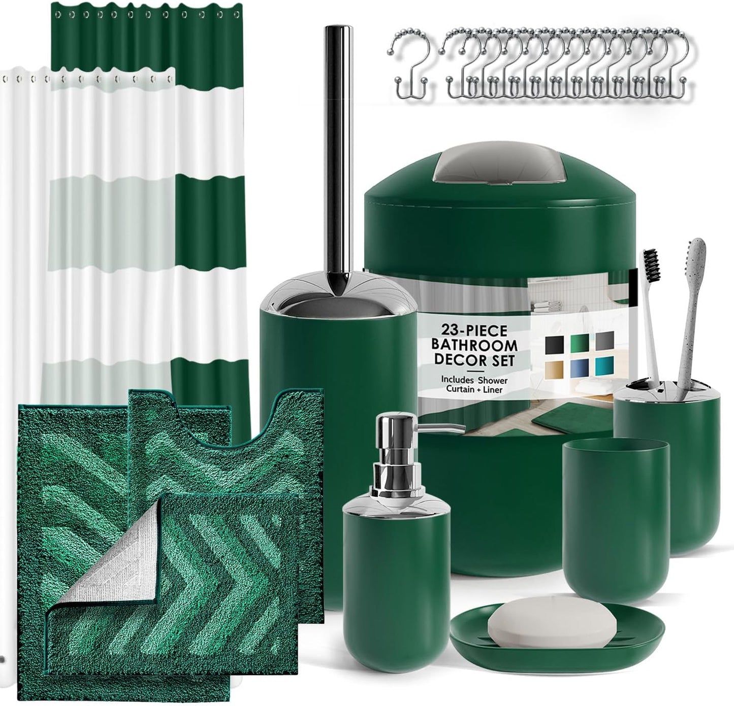 Stylish Green Bathroom Accessories Set with Shower Curtain and Rugs