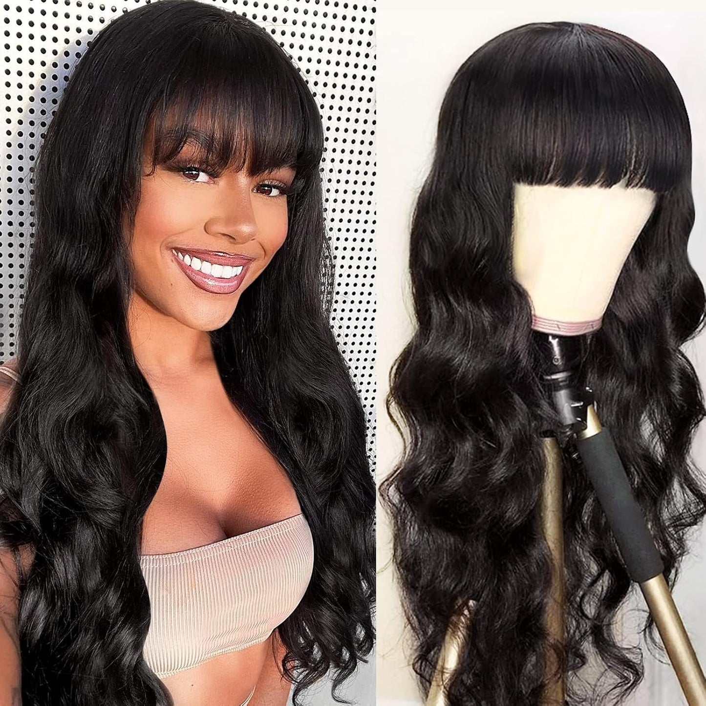 Body Wave Wigs with Bangs for Black Women - 100% Human Hair