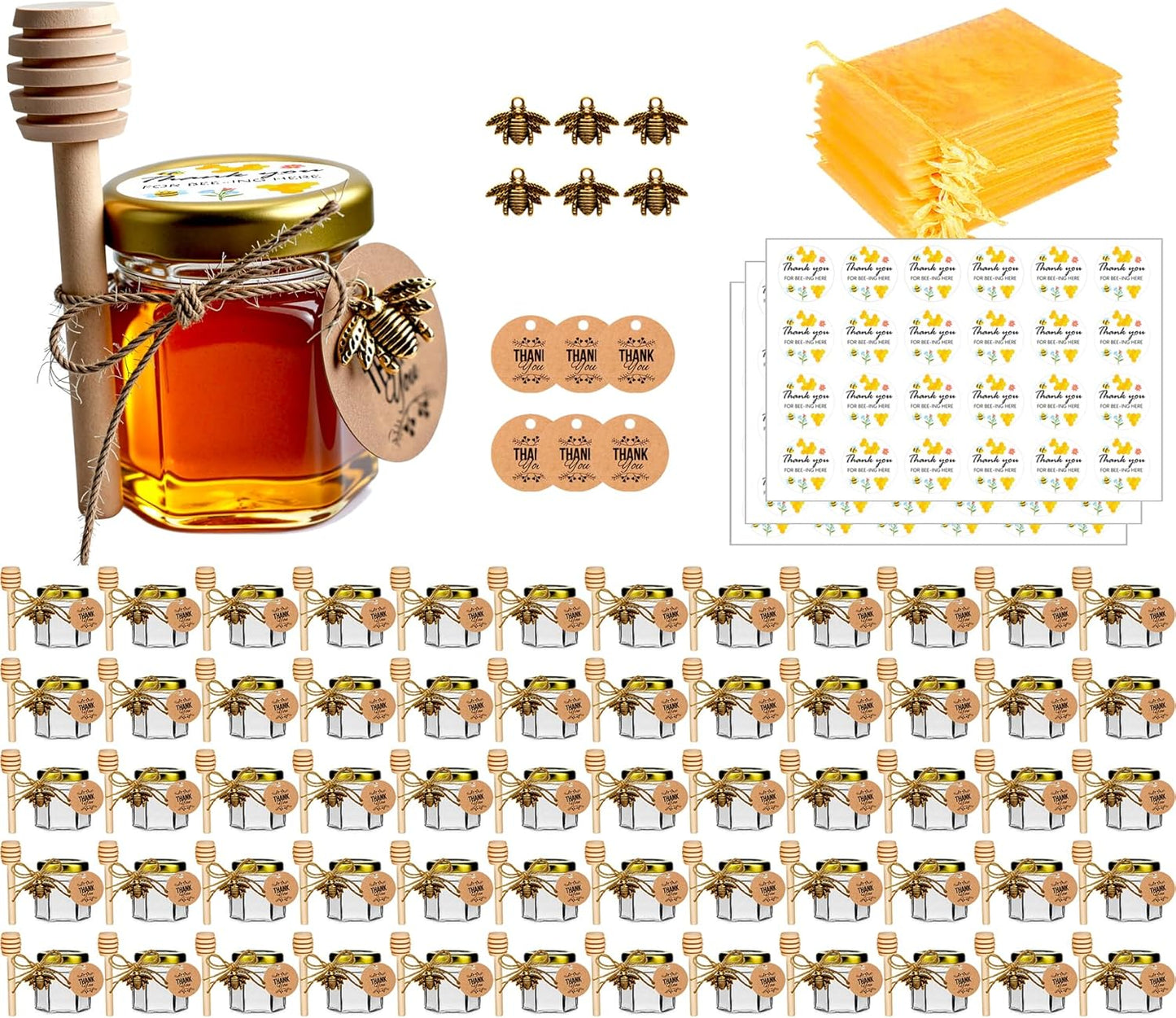 60 Pack 1.5oz Glass Honey Jars with Dipper for Favors
