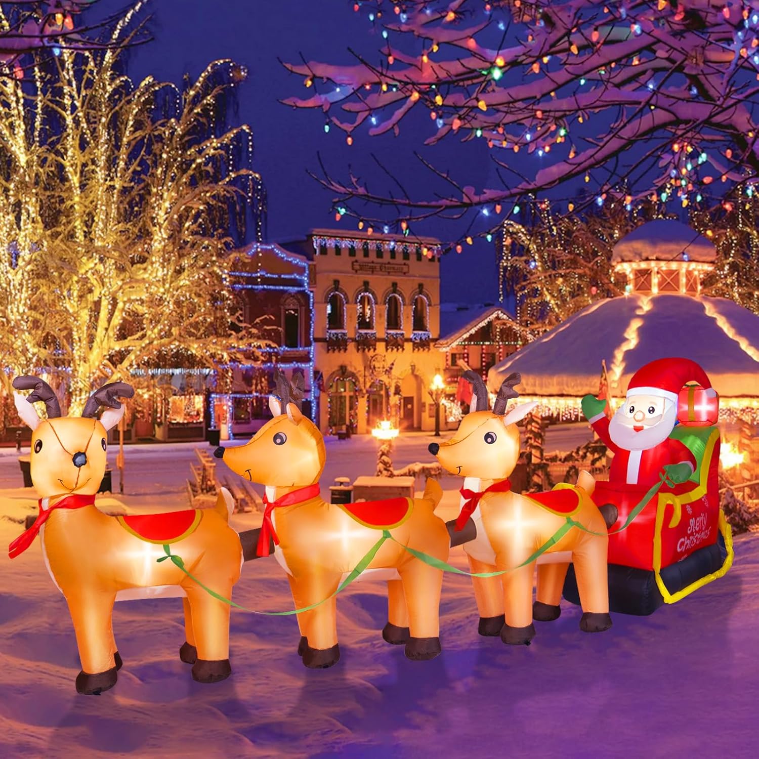 12FT Long Christmas Inflatables Santa on Reindeer Sleigh Decor