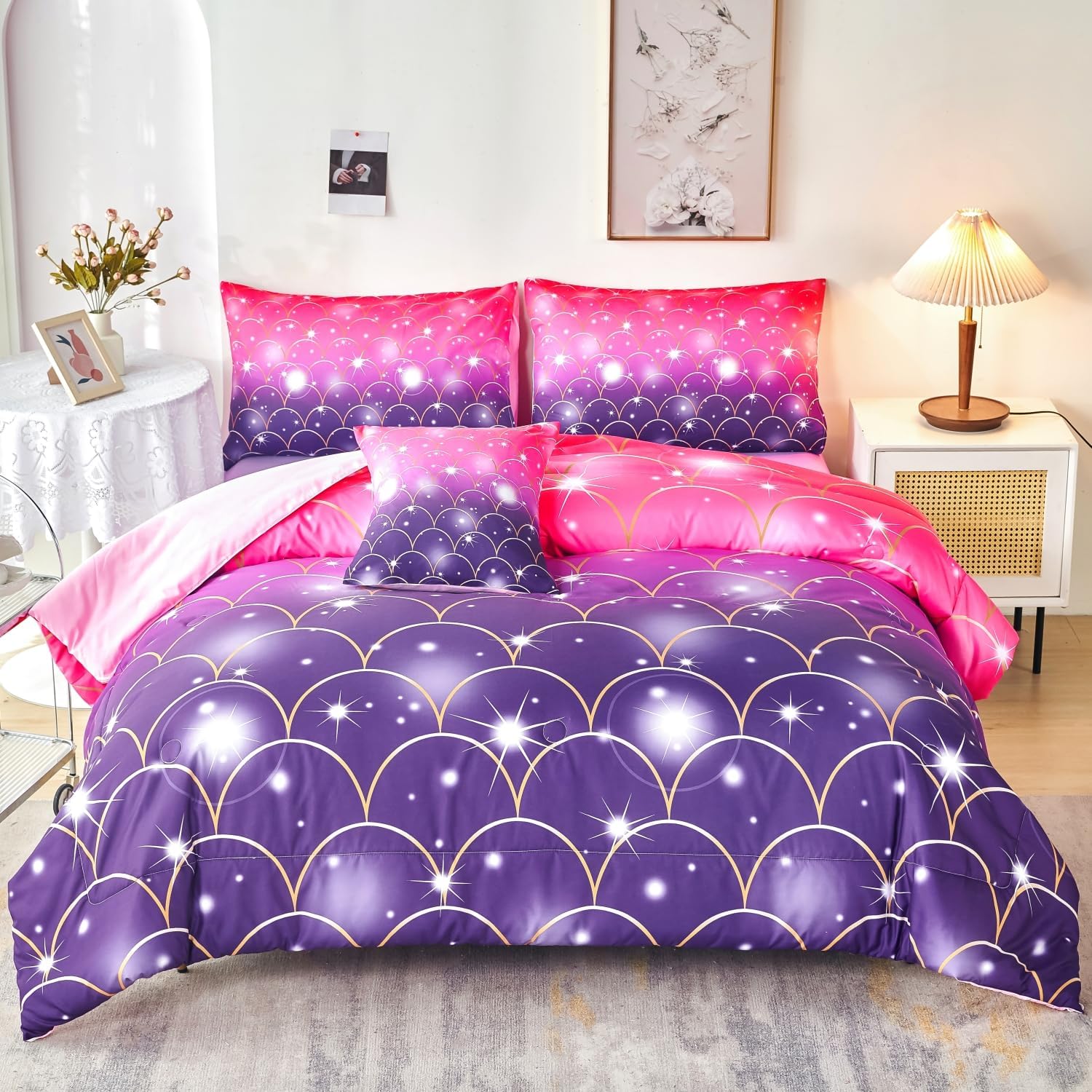 URBONUR 6Pcs Gradient Glitter Comforter Set for Queen Size Beds