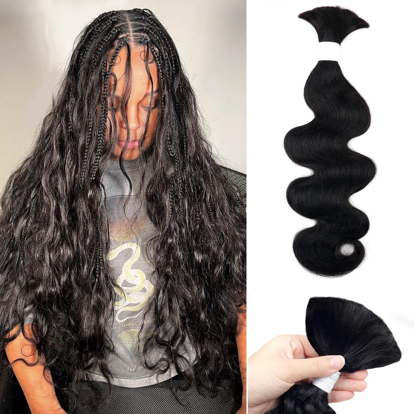 Natural Black Body Wave Curly Bulk Human Braiding Hair 24 Inch