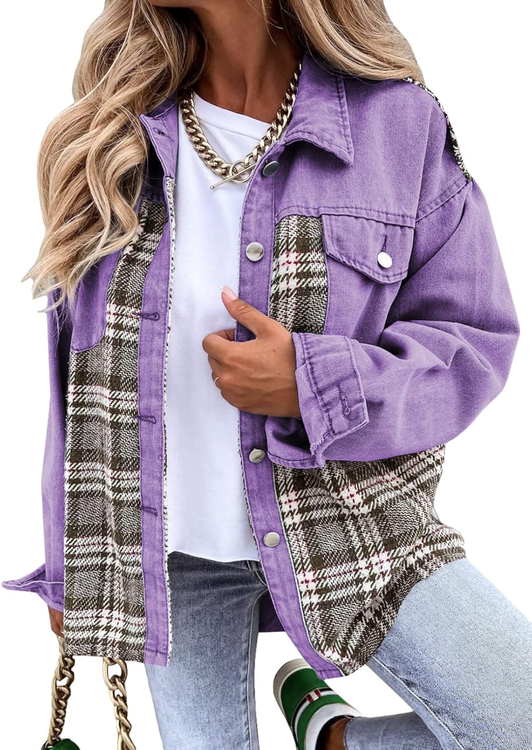 Oversized Denim Jacket for Women - Trendy Plaid Shacket Style