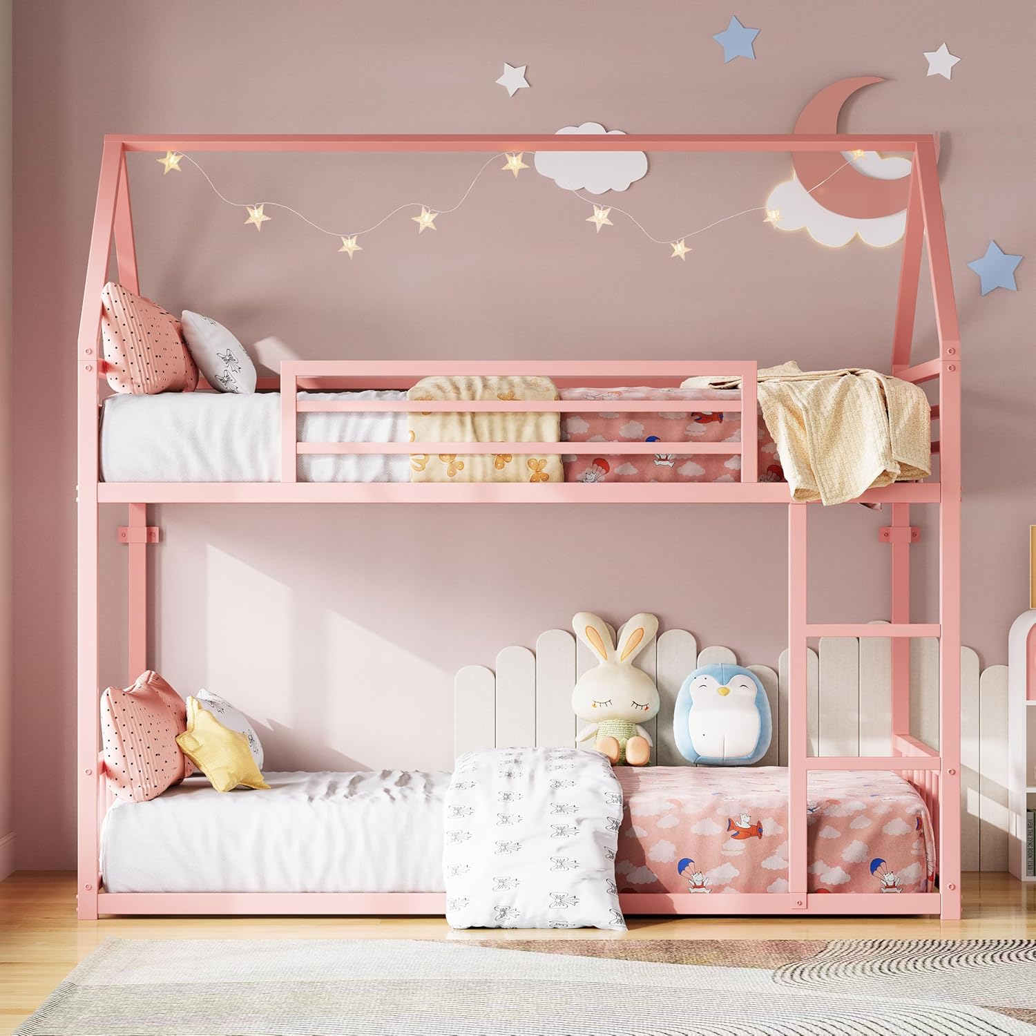 LIKIMIO Twin Over Twin Bunk Bed with House Design and Ladder