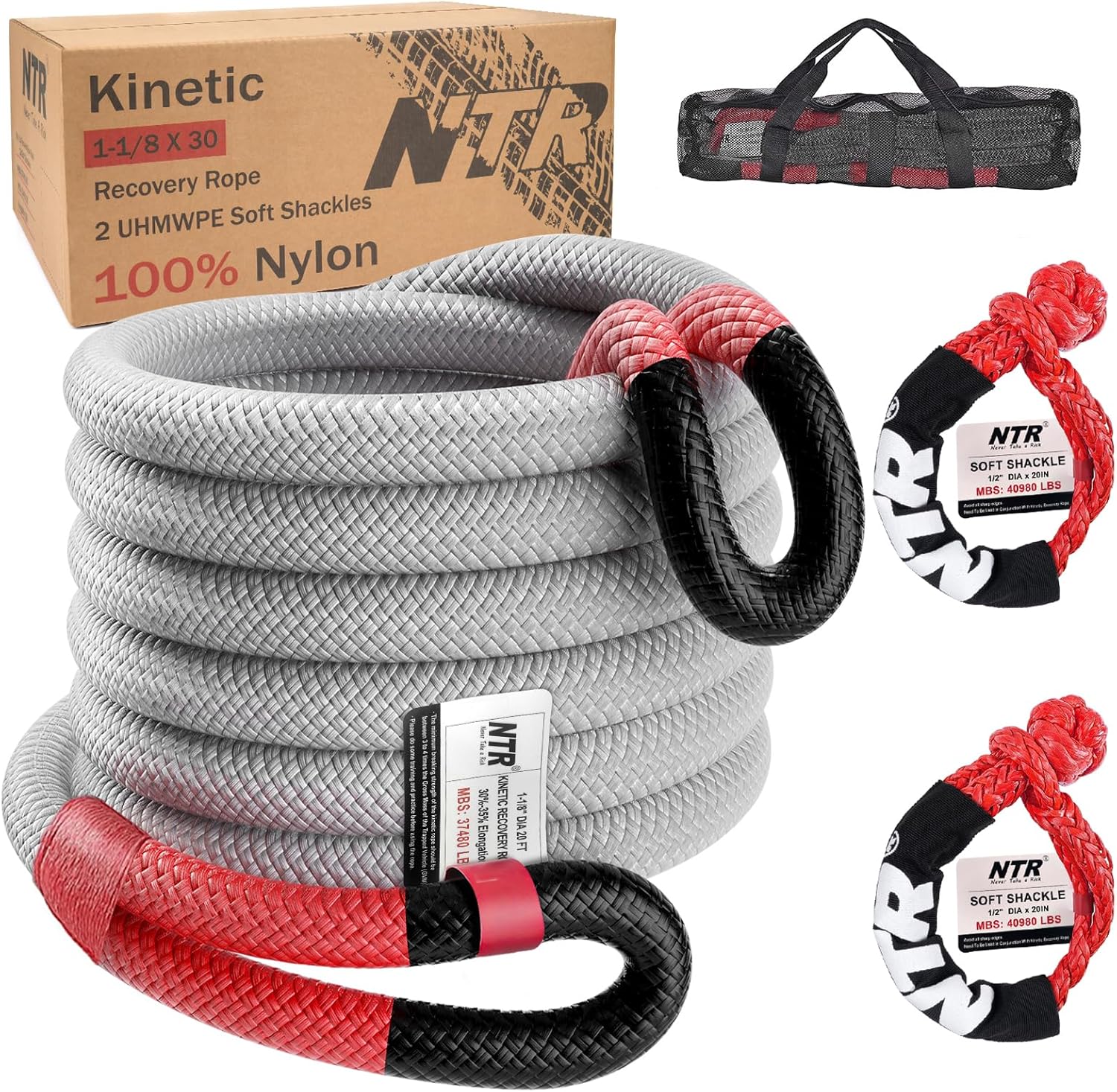 NTR Kinetic Recovery Tow Rope with Soft Shackles for Offroad Use