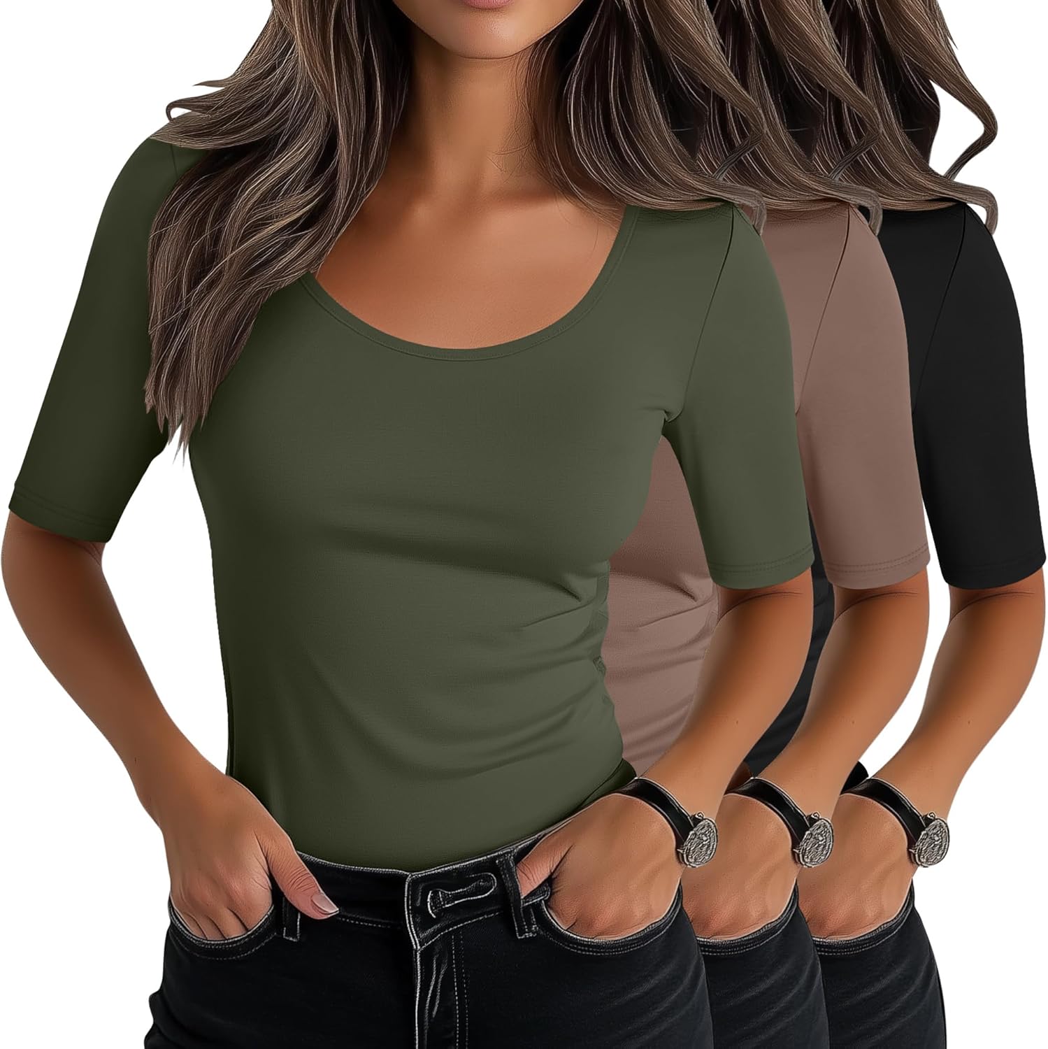 Neer Women's Scoop Neck Stretchy Tops - 3 Pack Casual Tees