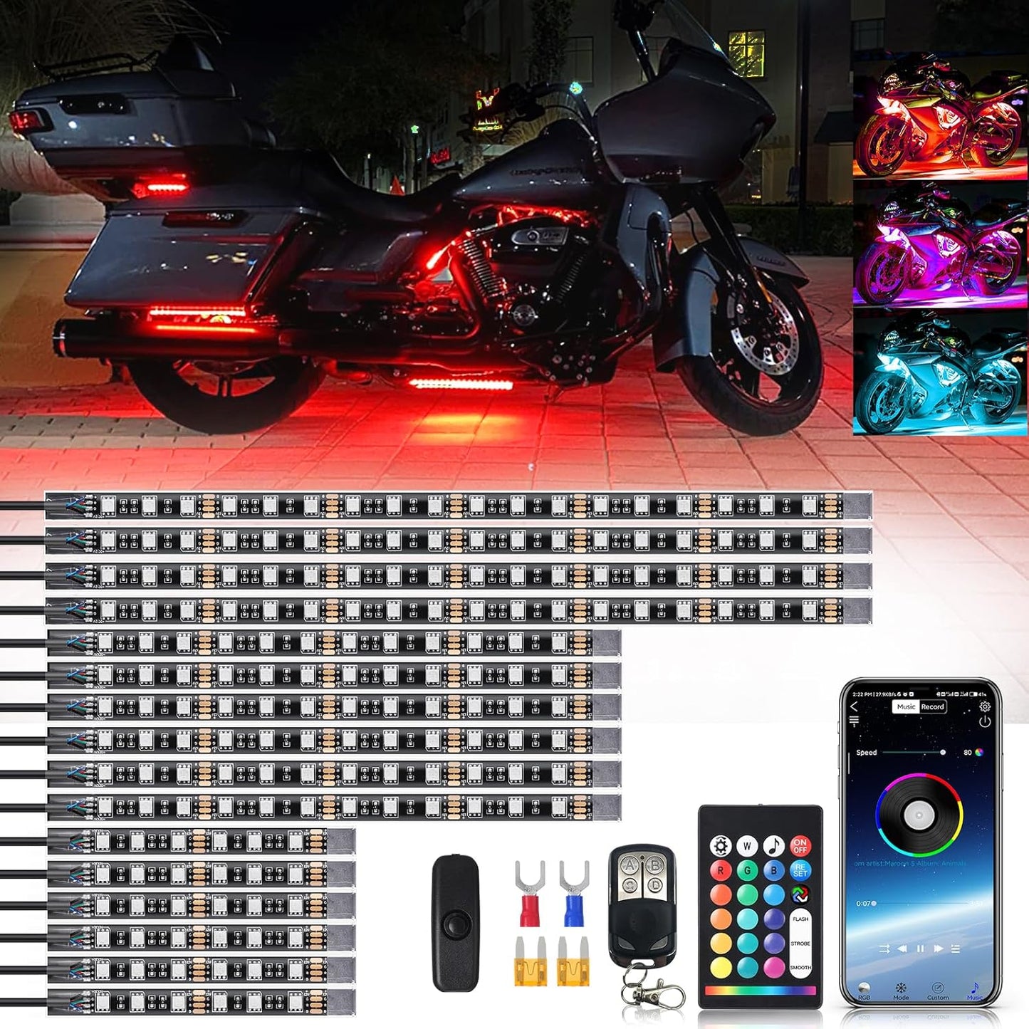 16PCS Motorcycle RGB LED Light Kits with Brake Turn Signal