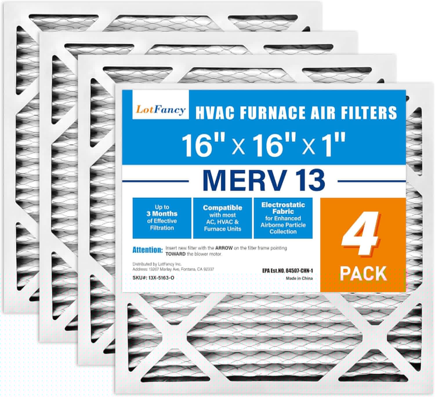 LotFancy 16x16x1 Air Filter MERV 13 for Pet Smoke Allergens