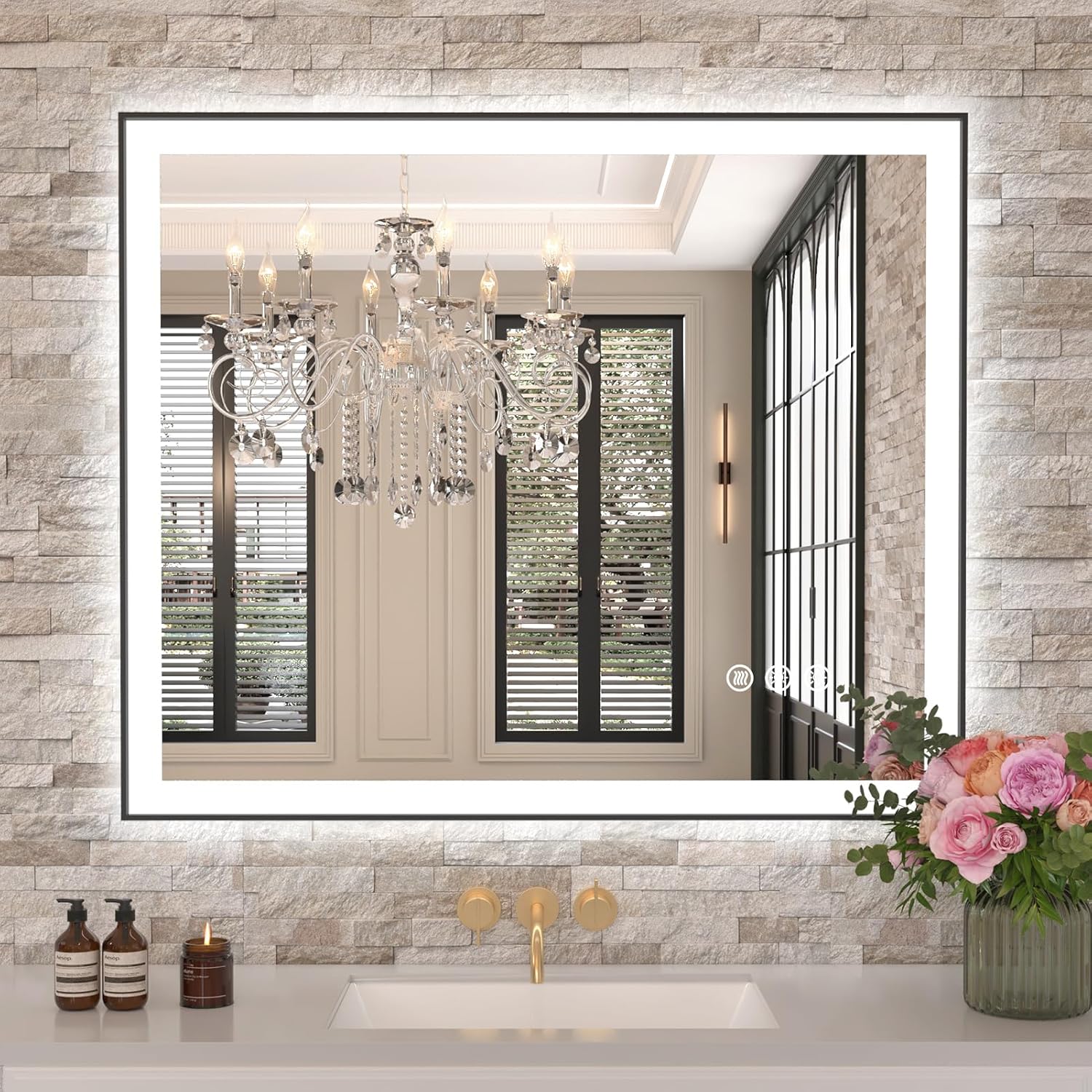 30x36 LED Bathroom Mirror with Black Frame and Anti-Fog Feature