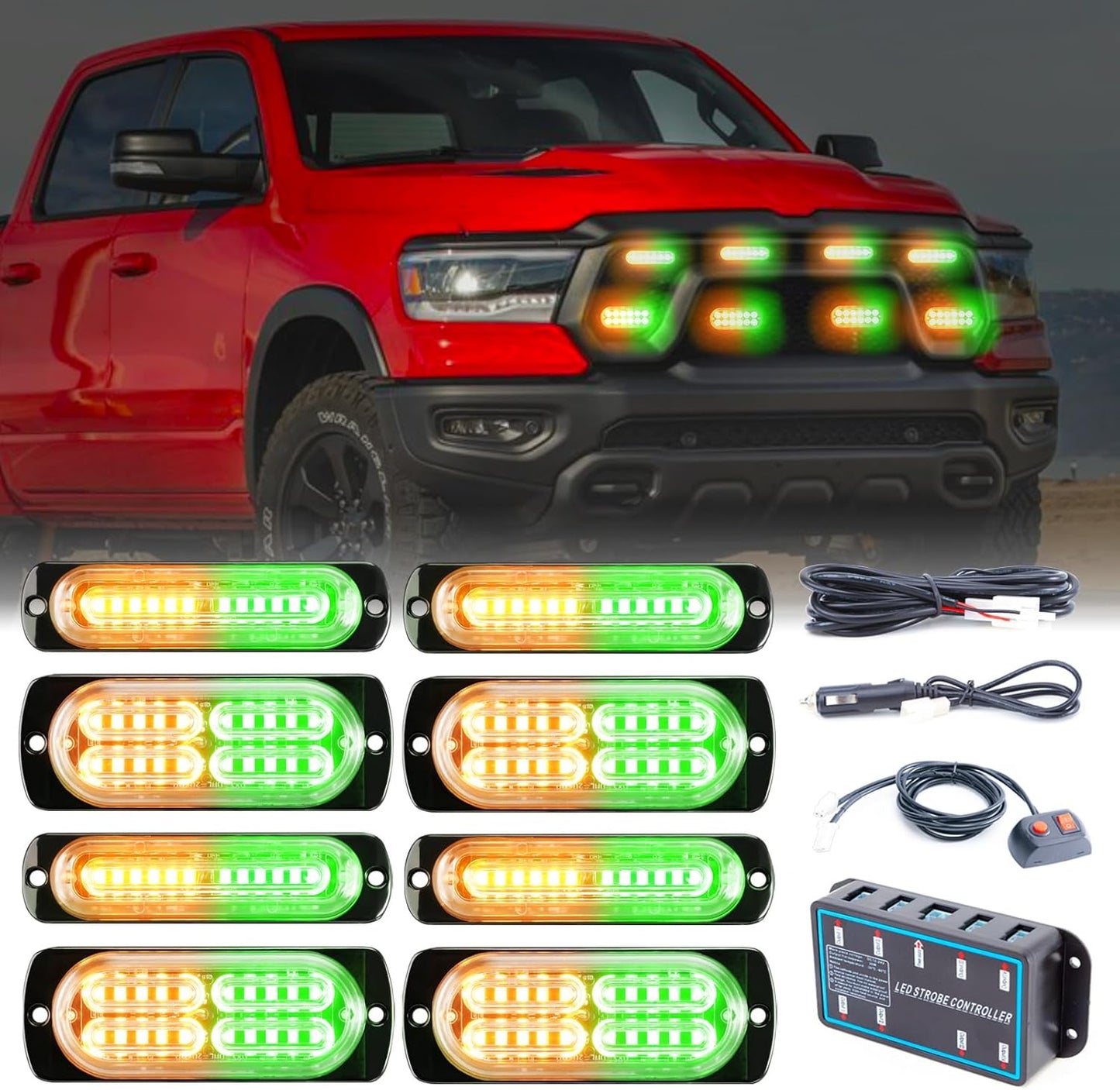 Ultra Slim Emergency Strobe Grille Lights for Vehicles - 8pcs Set
