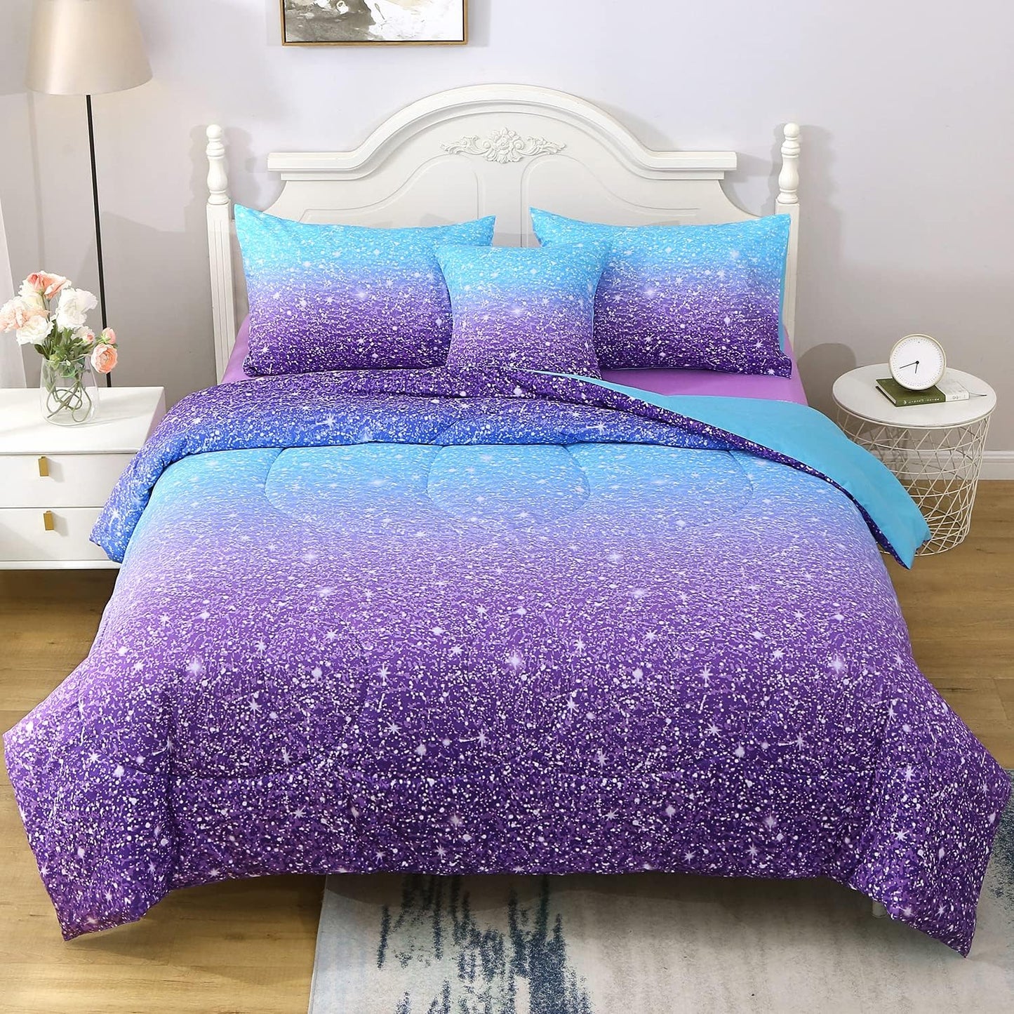Queen Blue Purple Comforter Set for Girls - 6 Piece Bed in A Bag